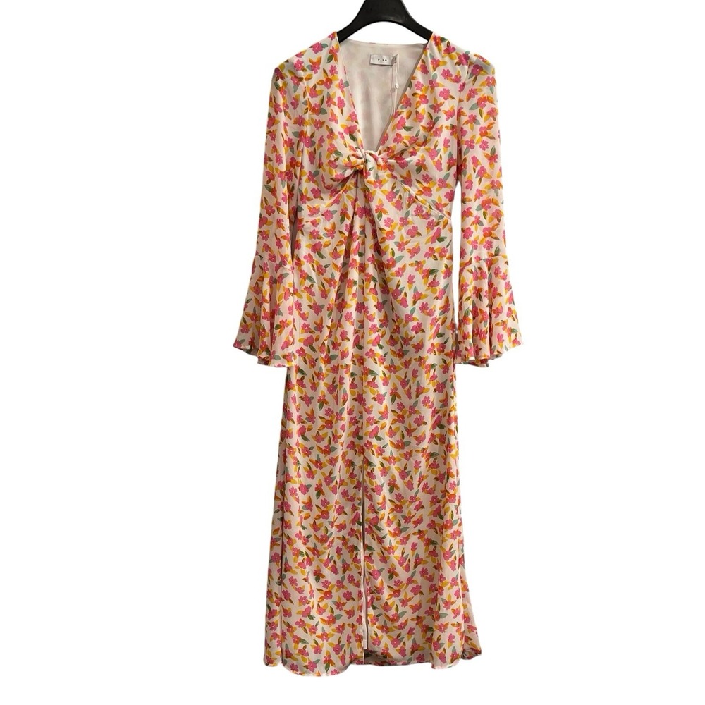 Vila Dress Womens US 4 Pink Floral Chiffon Maxi Bell Sleeve Romantic Cottagecore